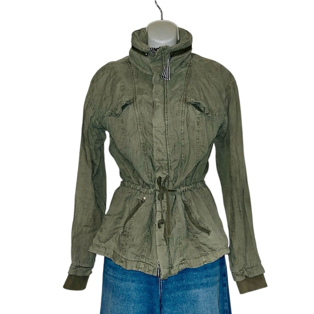 Michael Stars Olive Green Linen Hoodie Zipper Button Down Army Utility Jacket M